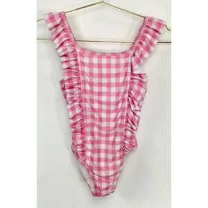 Tommy Bahama Girls Pink White Ruffle Trim Checked One Piece Swimsuit Size 7